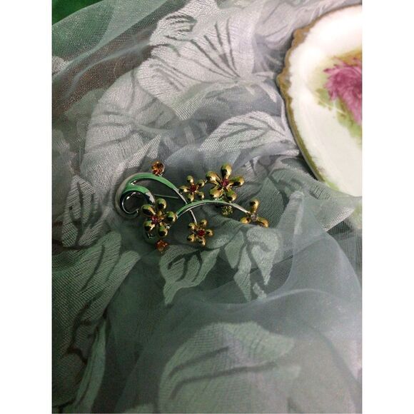 Artisan Silver Gold & Orange Floral Brooch Pin SO PRETTY! - Picture 7 of 16